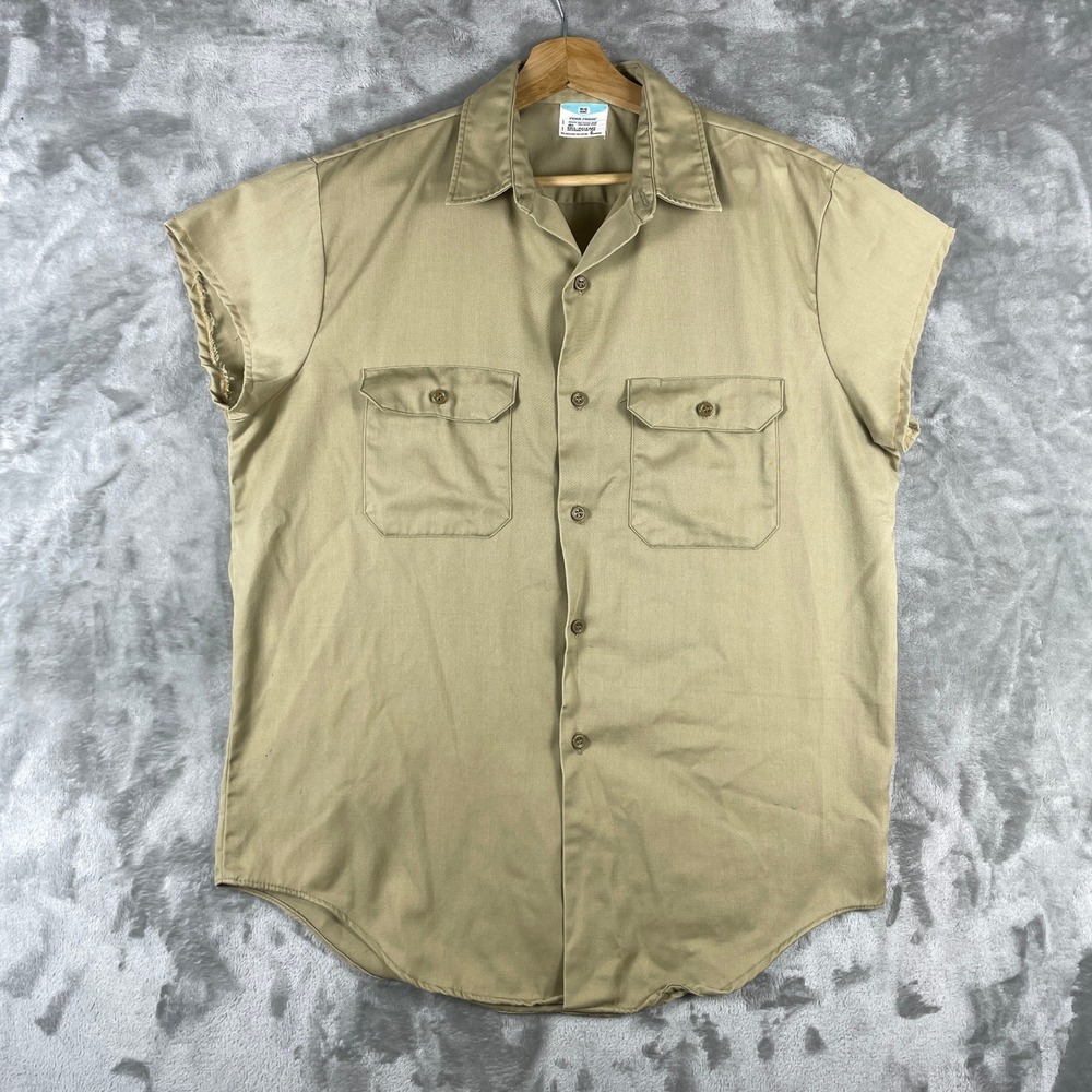 Vintage Big Mac Work Shirt Mens L Tan Cut Off Sleeves Penn-Prest Penneys